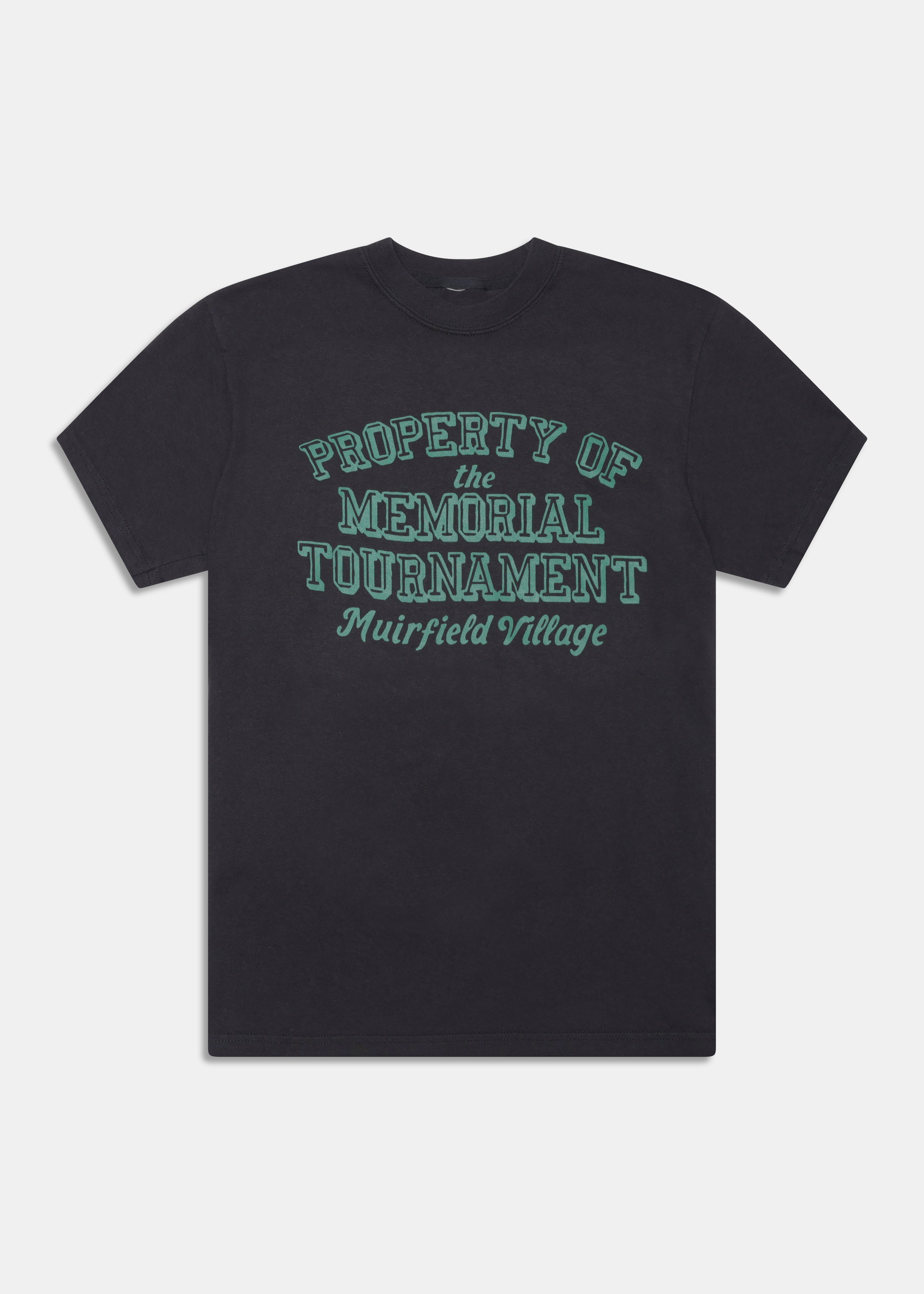 Property Of Tee in Black with full-chest event mark in Muirfield green, front view