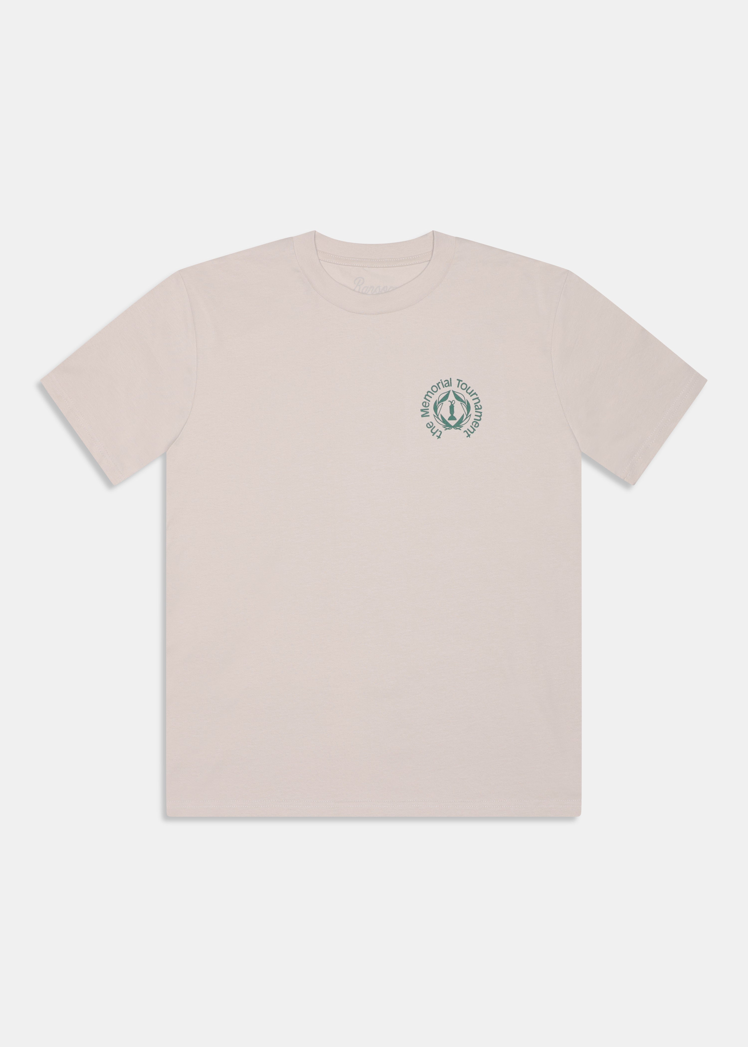Fifty Years at Muirfield Tee in Bone, back graphic with golf cart illustration