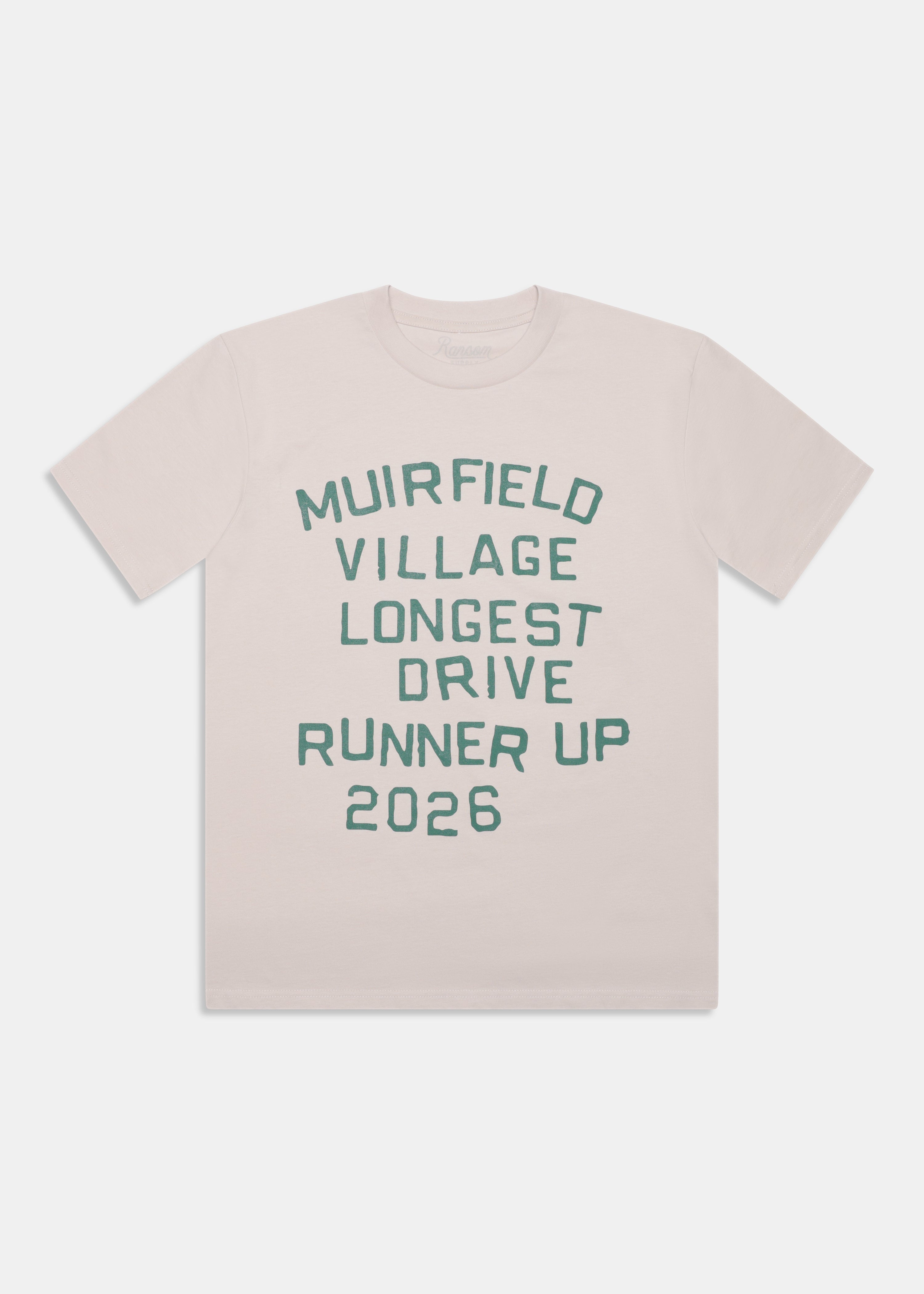 Longest Drive Tee in Bone with stacked-text print in tournament green
