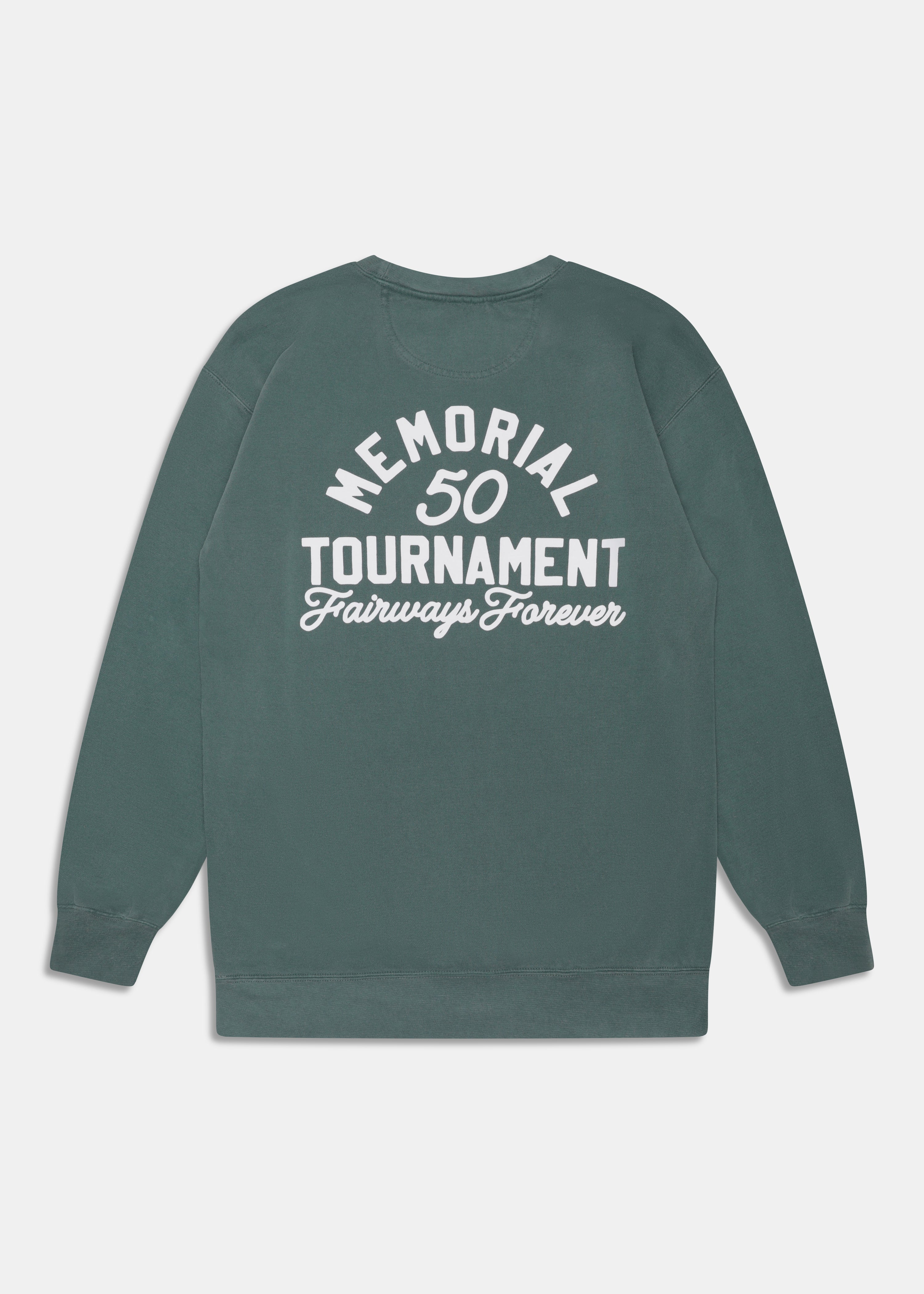 Fifty Years Crewneck in Faded Green, back view with Fairways Forever graphic