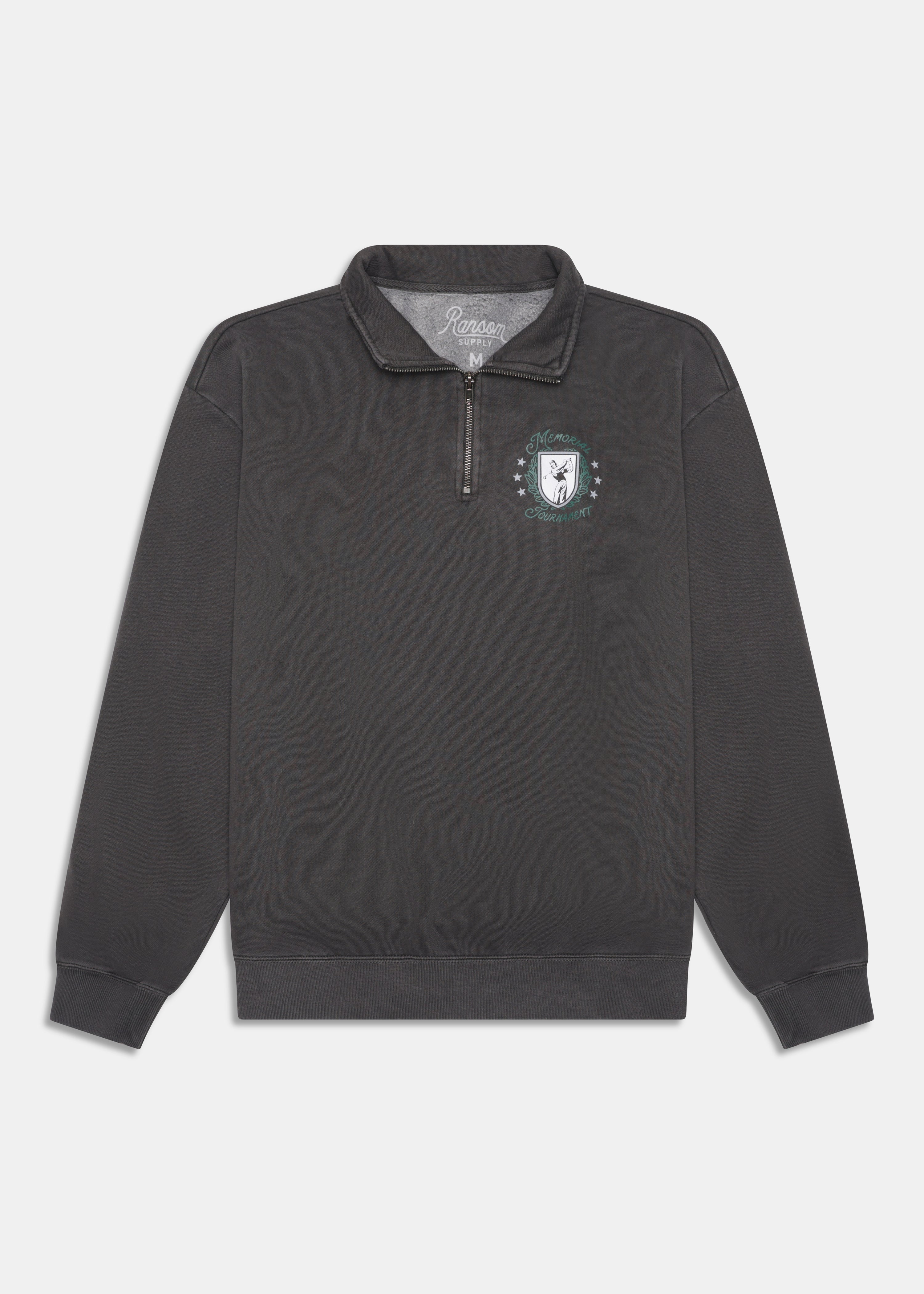 Muirfield Village Q-Zip in Faded Black, back view with hand-drawn golfer illustration