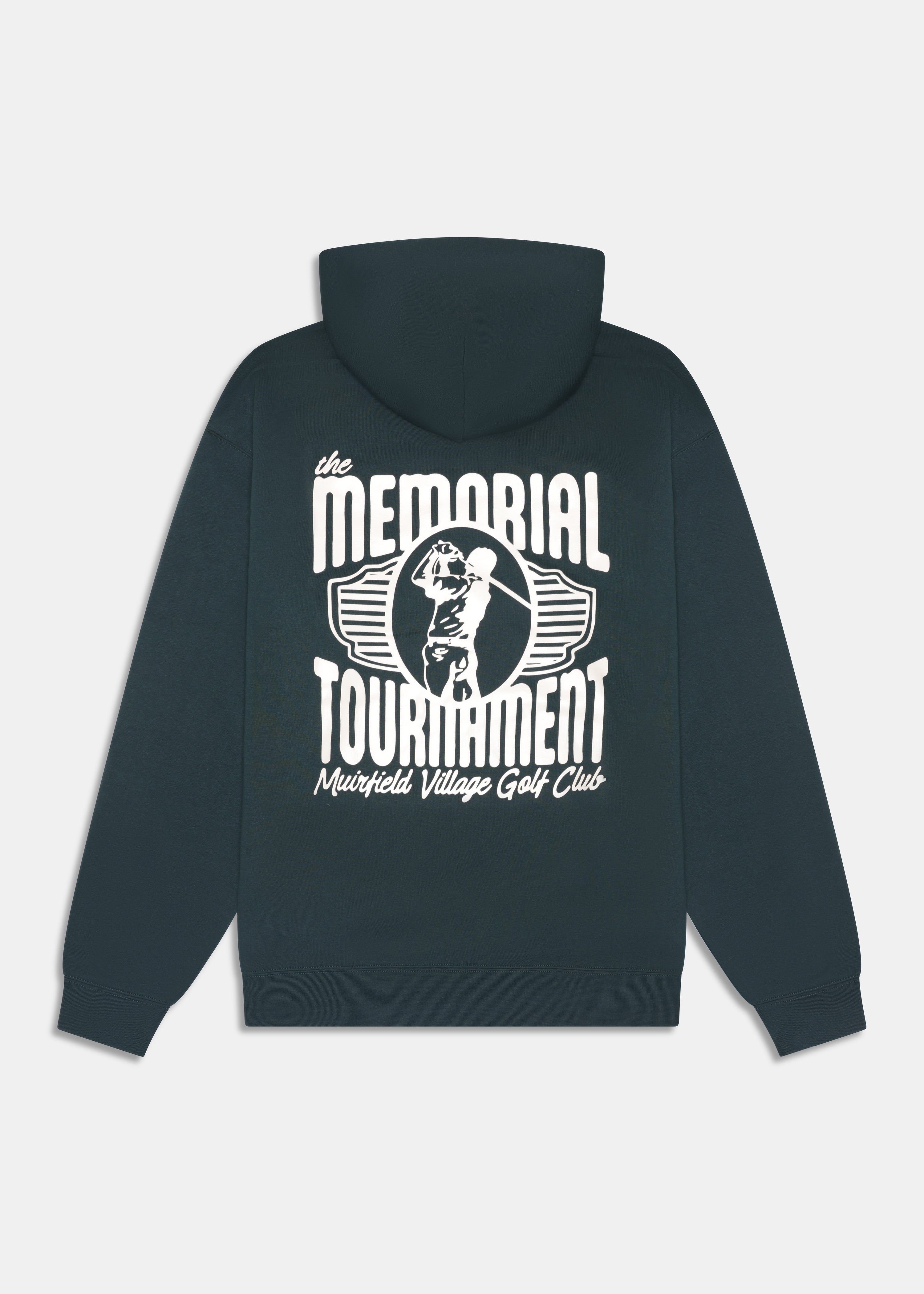 Muirfield Village Hoodie in Pine, back view with golfer crest