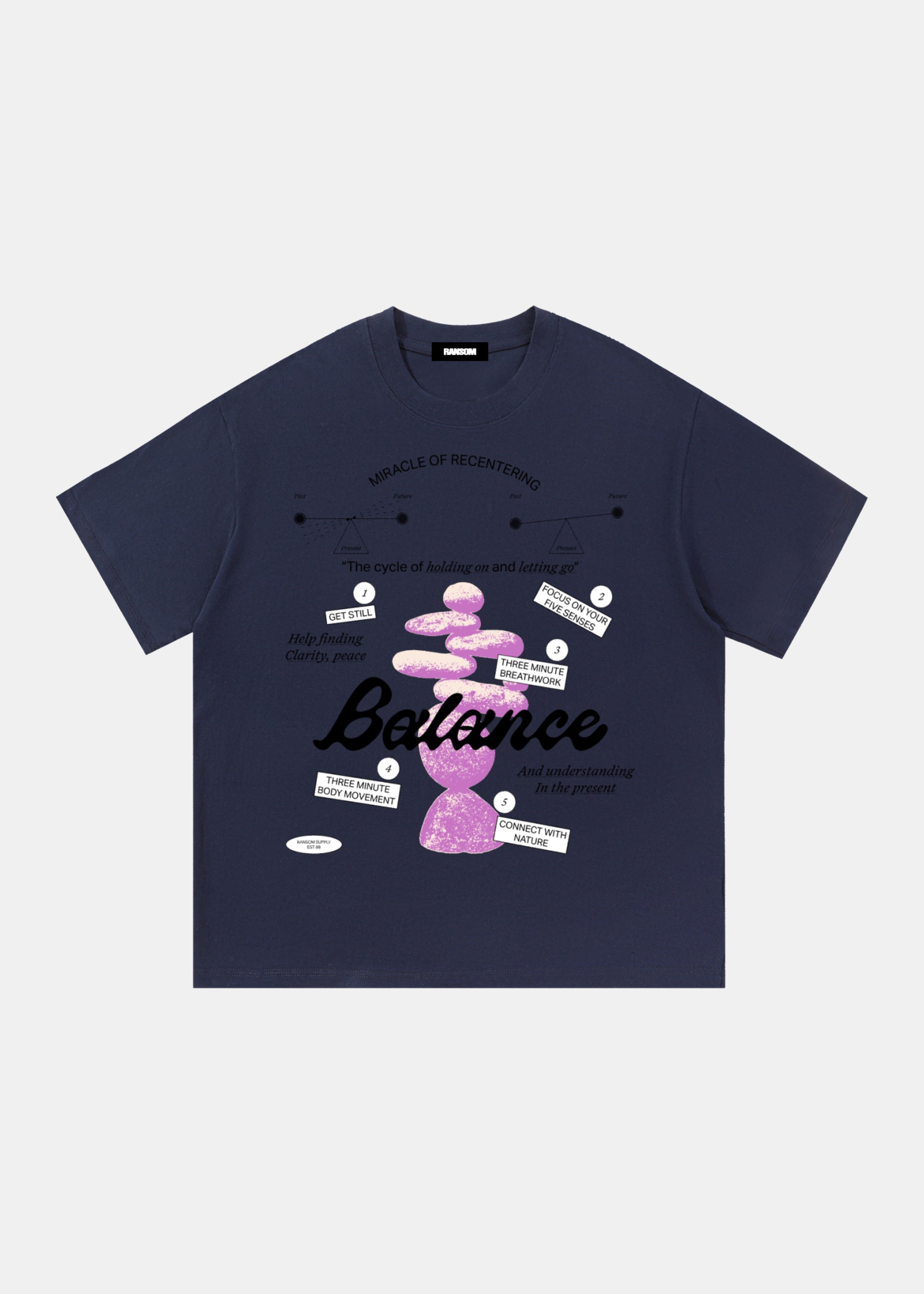 Balance tee in navy by Ransom Supply, front