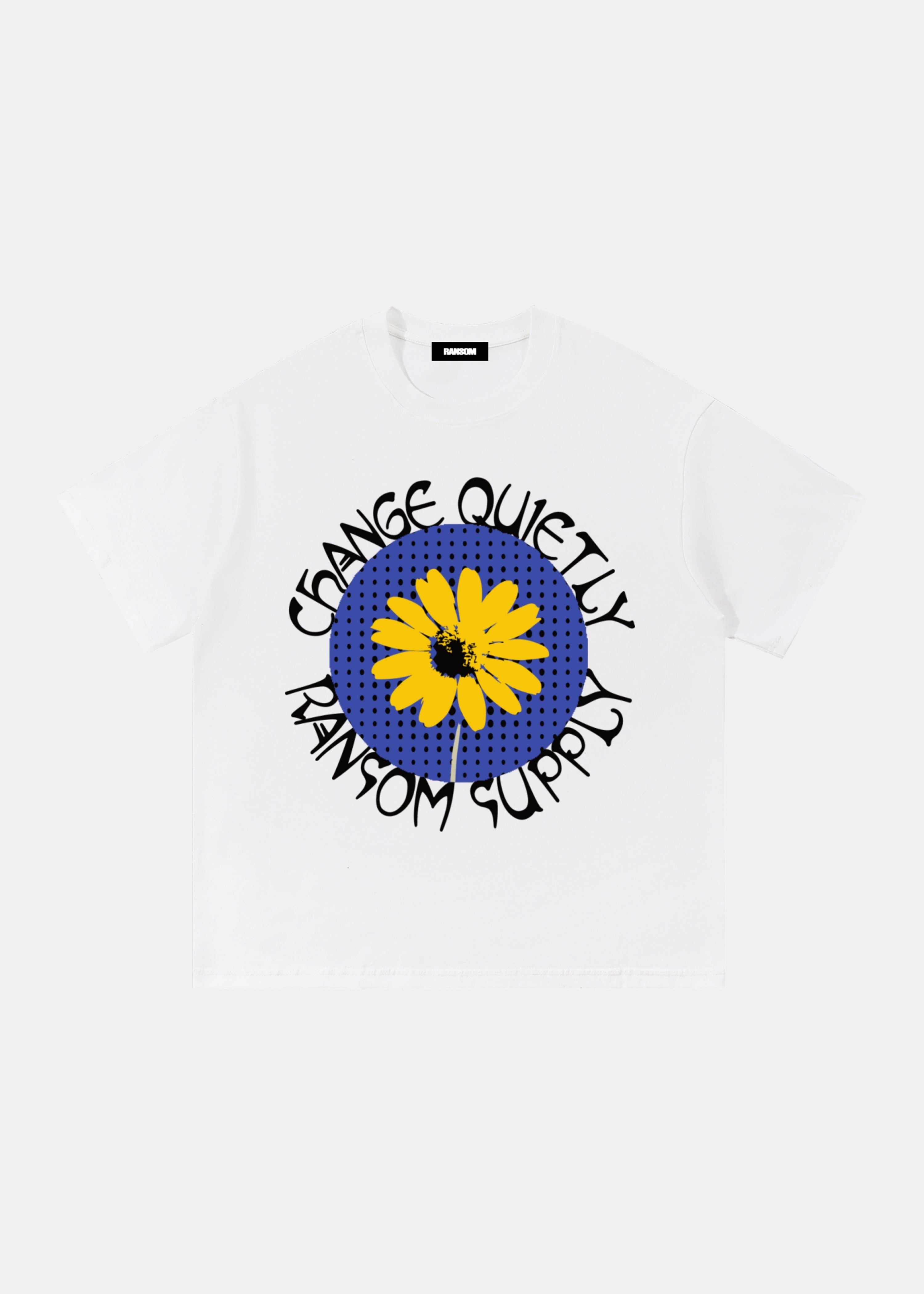 Change Quietly sunflower tee in white by Ransom Supply, front