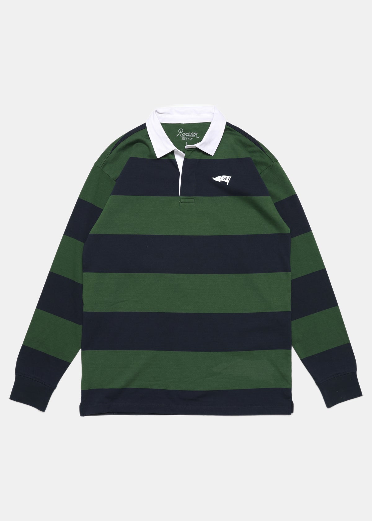 Players Club rugby in green/navy stripe by Ransom Supply, front