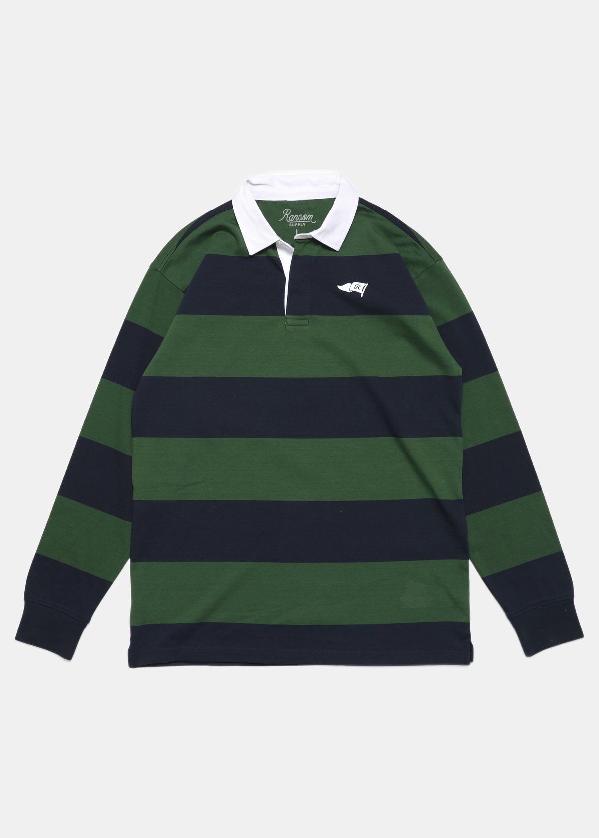 Players Club rugby in green/navy stripe by Ransom Supply, front