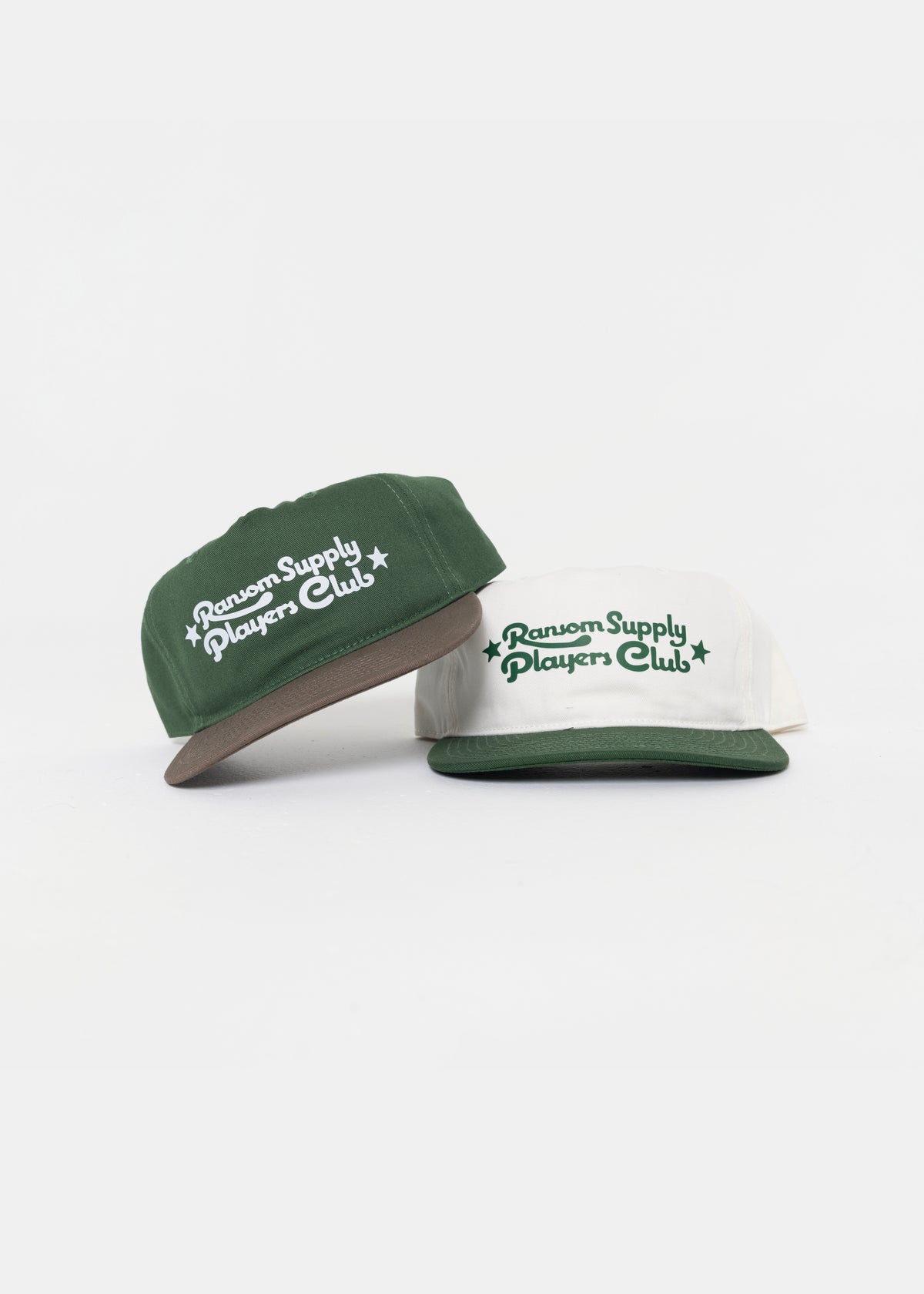 Players Club script hats in forest/walnut and white/green by Ransom Supply