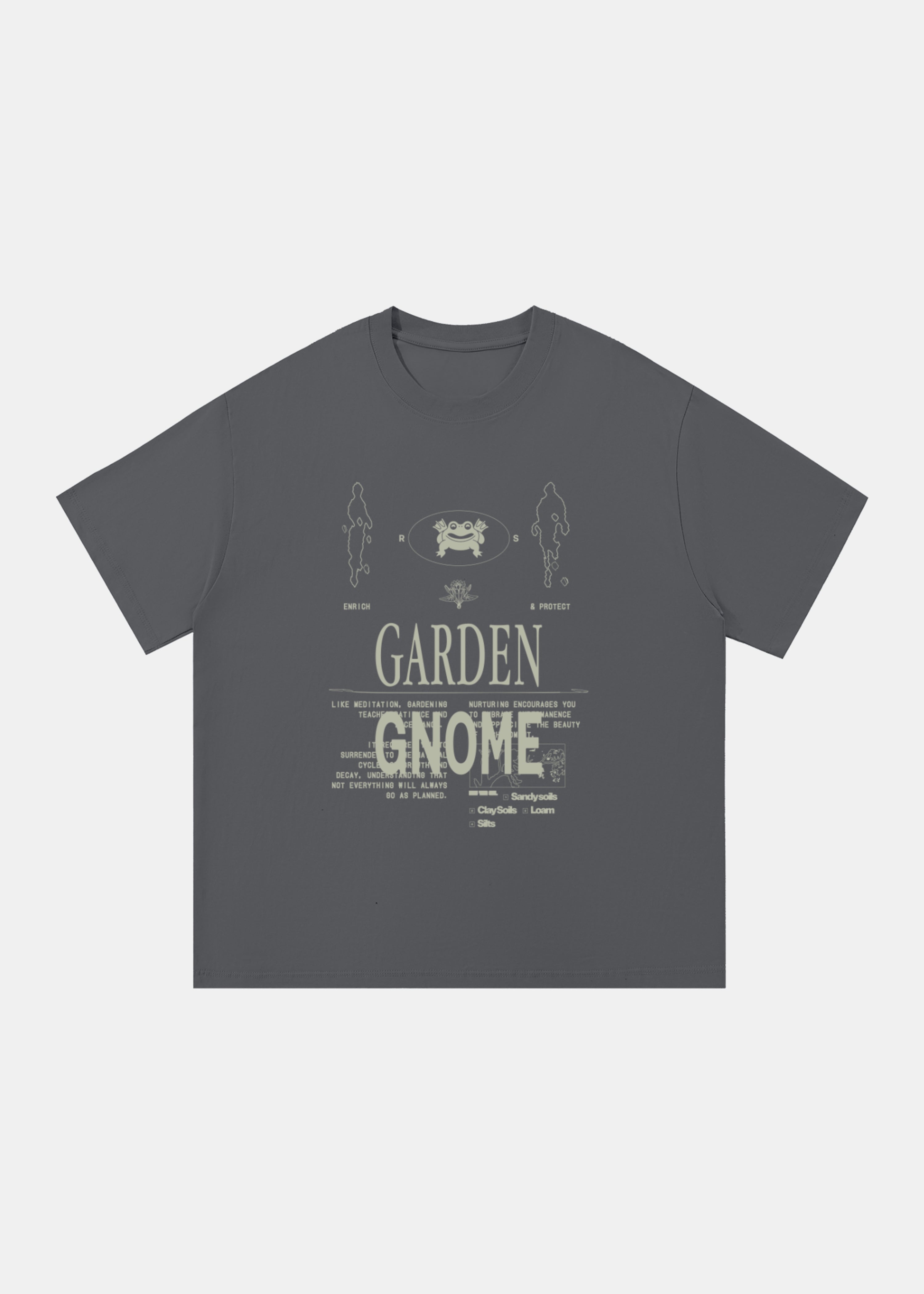 Garden Gnome tee in dark gray with sage print by Ransom Supply, front