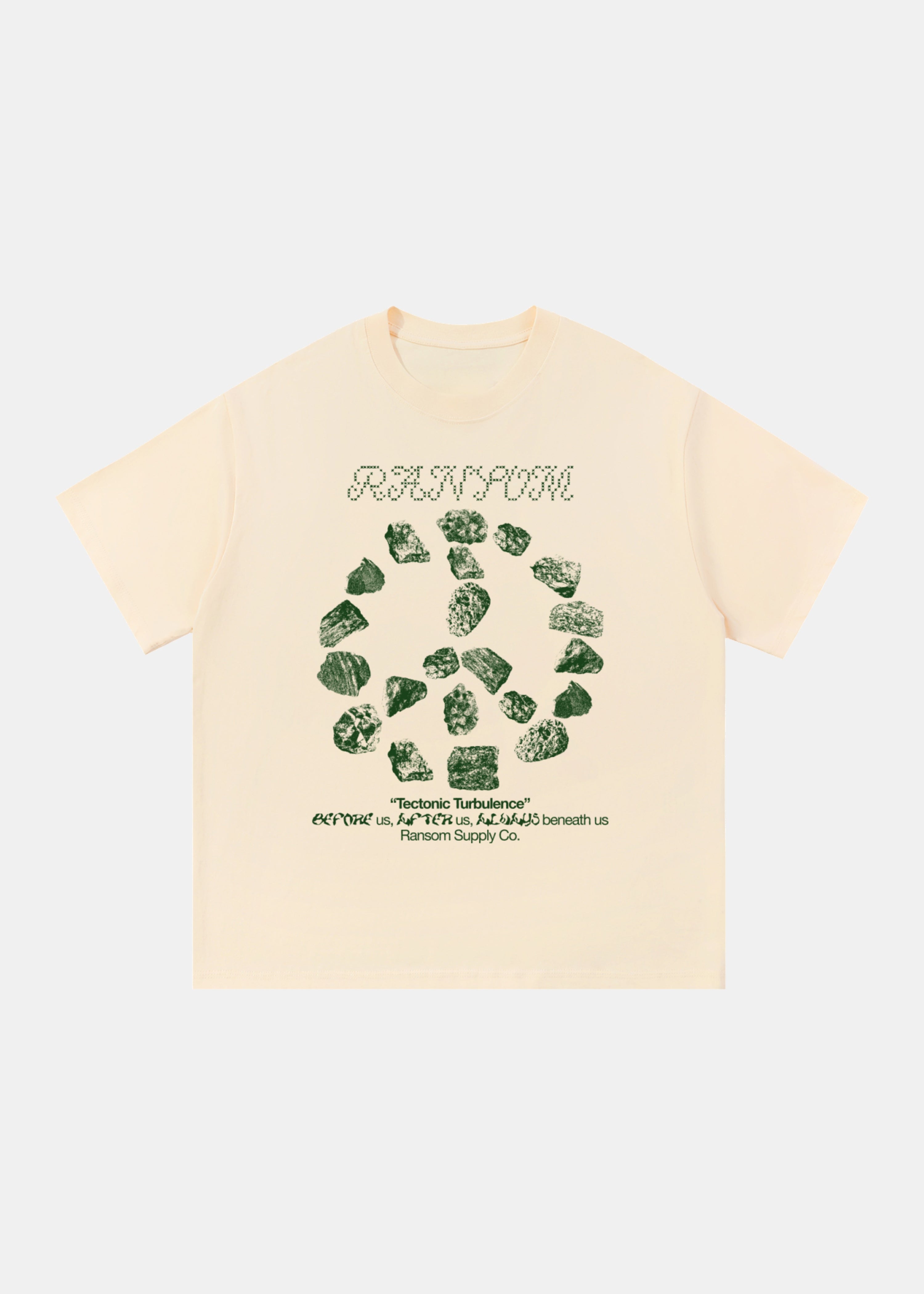 Tectonic Turbulence tee in green by Ransom Supply, front