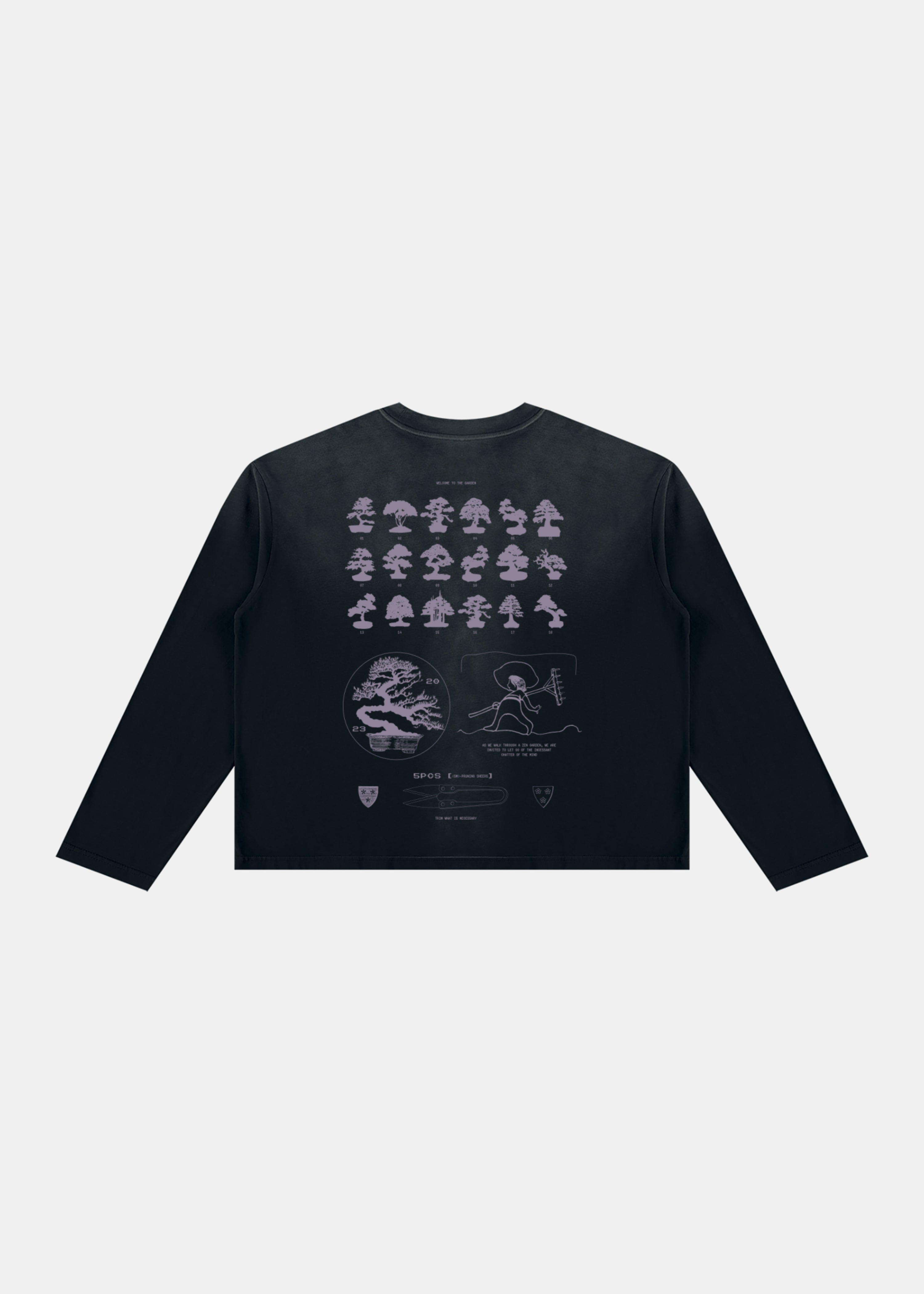 Zen Garden long sleeve in black with lavender print by Ransom Supply, back