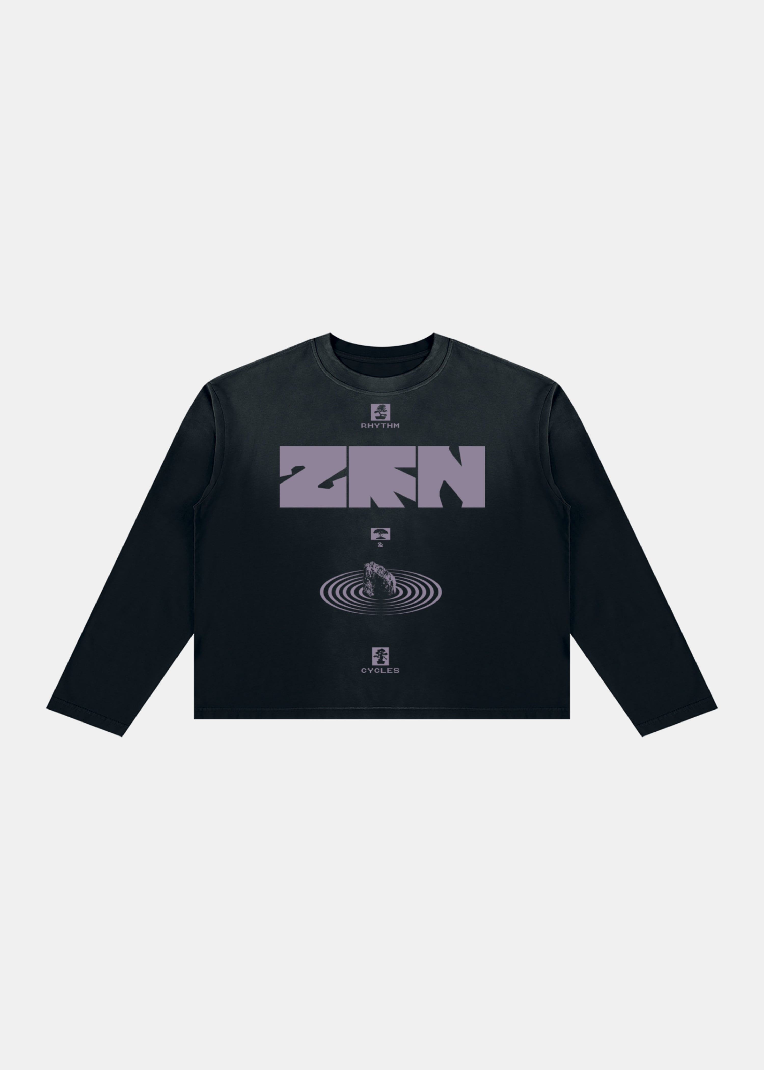 Zen Garden long sleeve in black with lavender print by Ransom Supply, front