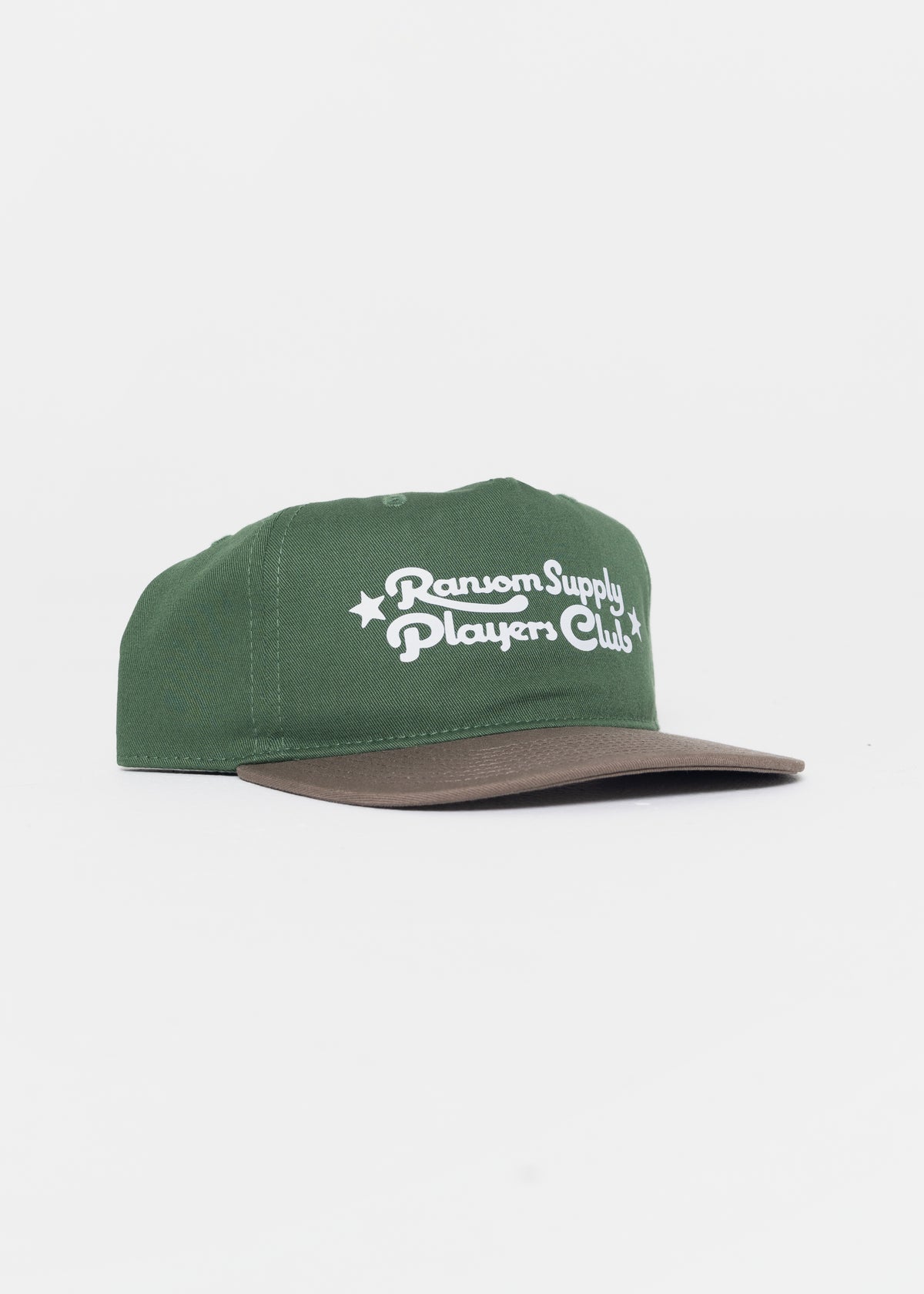 Players Club script hat in forest/walnut by Ransom Supply, angle