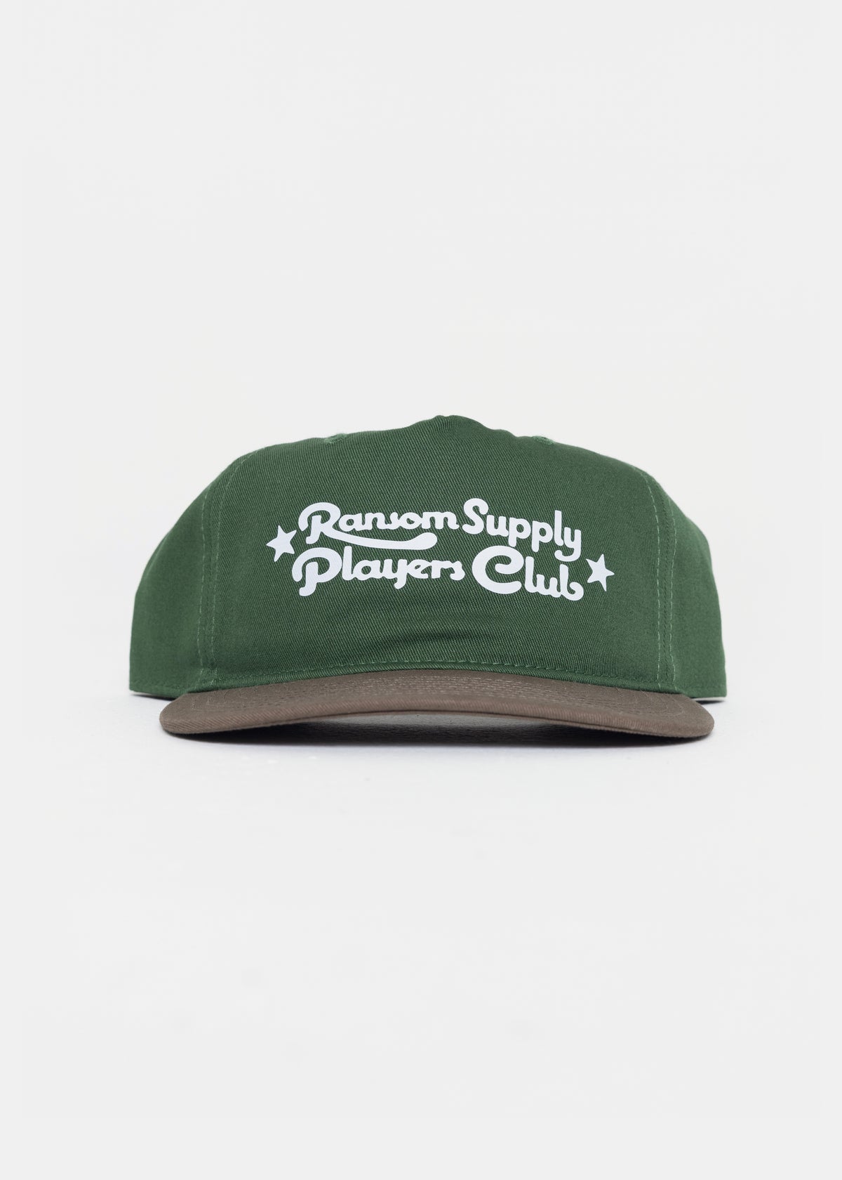 Players Club script hat in forest/walnut by Ransom Supply, close