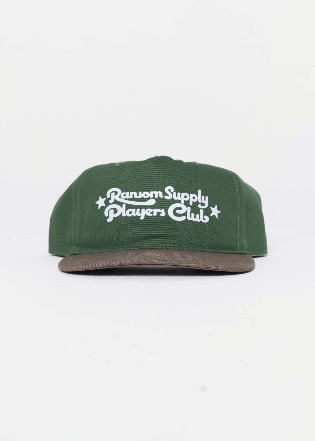 Players Club script hat in forest/walnut by Ransom Supply, front