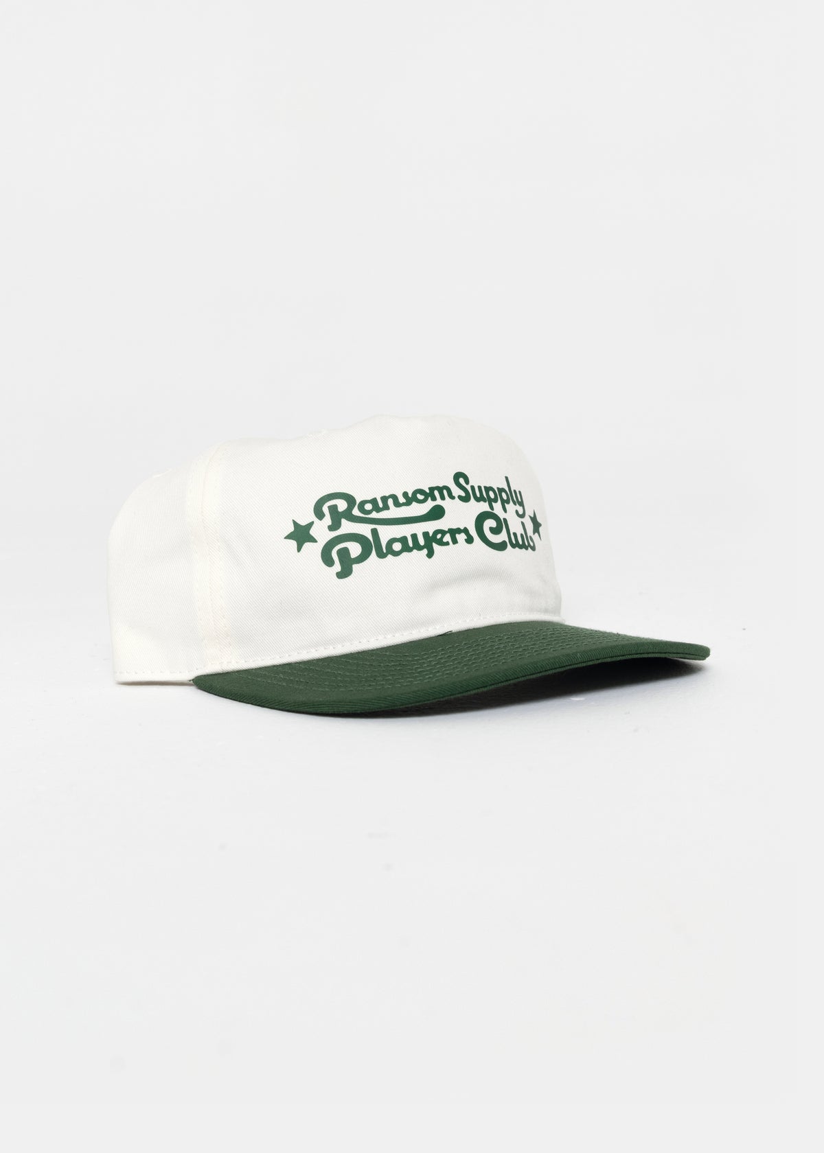 Players Club script hat in white/green by Ransom Supply, angle