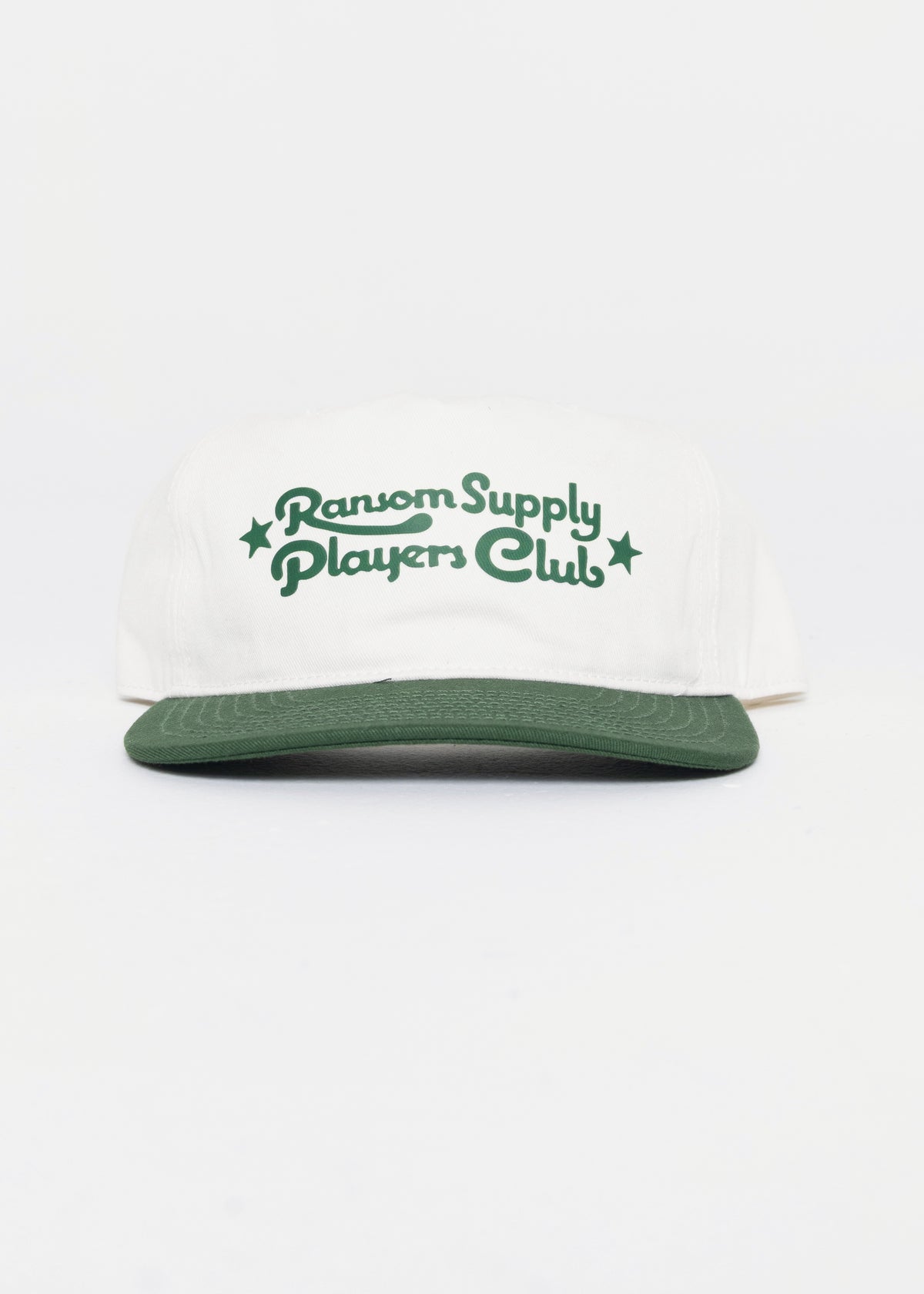 Players Club script hat in white/green by Ransom Supply, front