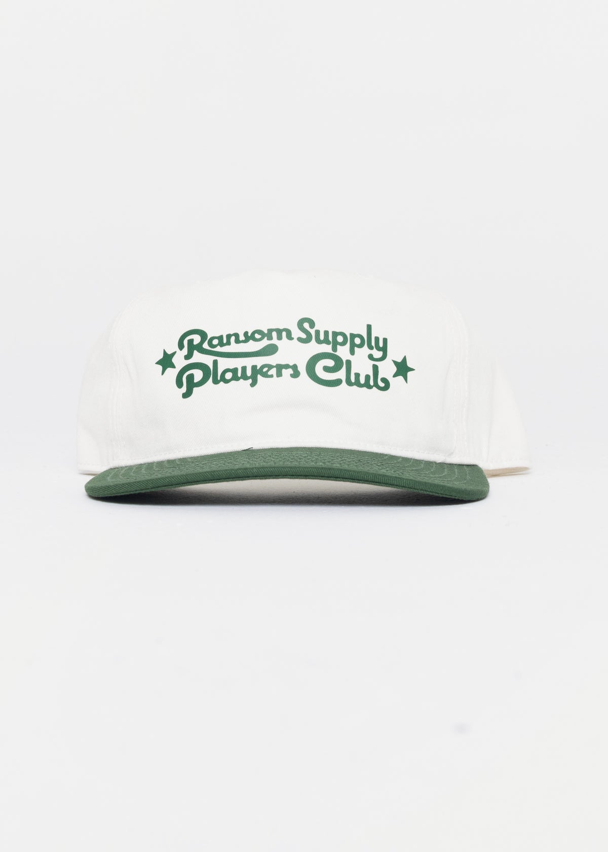Players Club script hat in white/green by Ransom Supply, front