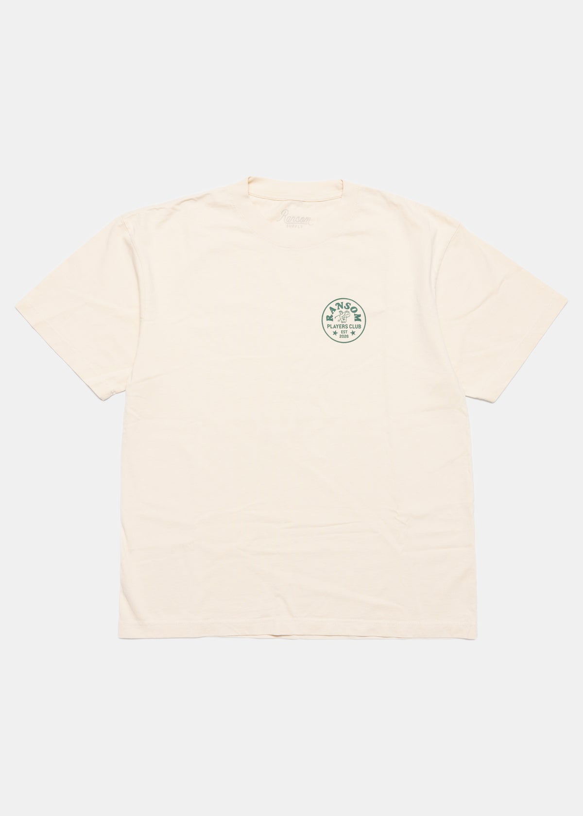 Swing Thoughts tee in off white by Ransom Supply, front